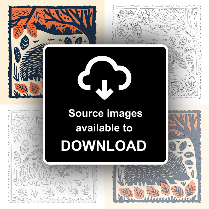 Hedgehog in autumn leaves Linoprint-Style Art (94-1)