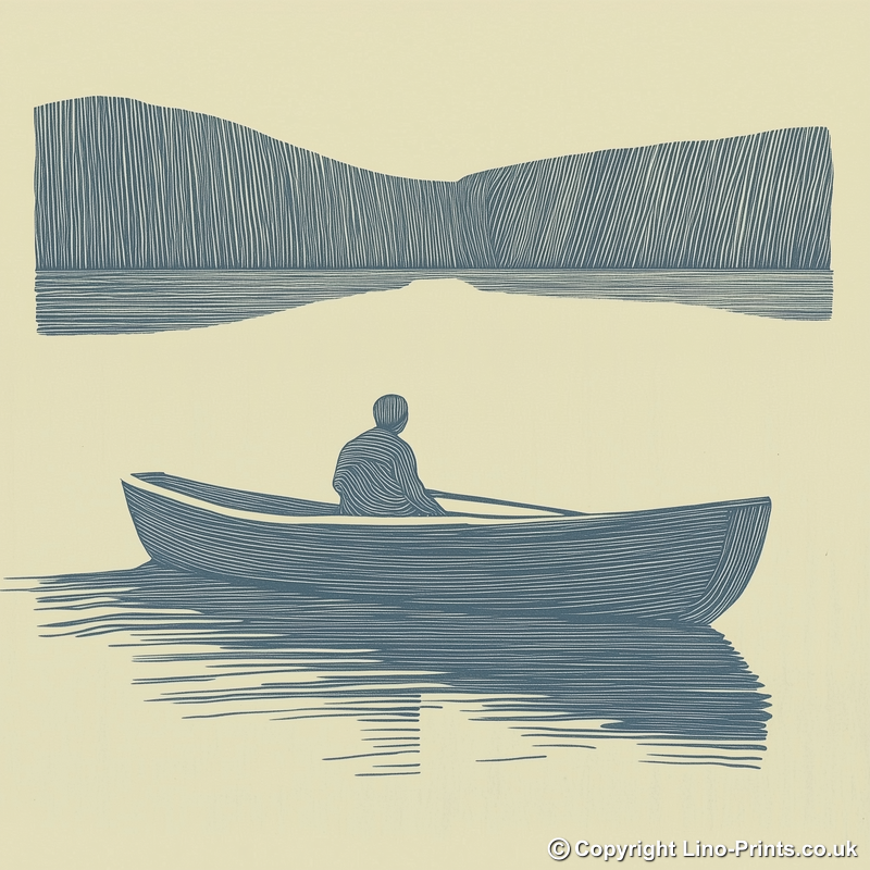 Person rowing boat with reflections Linoprint-Style Art (2498-4)