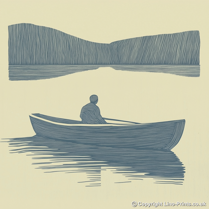 Person rowing boat with reflections Linoprint-Style Art (2498-4)