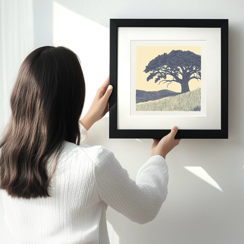 Sturdy oak tree silhouette Linoprint-Style Art (2568-1)