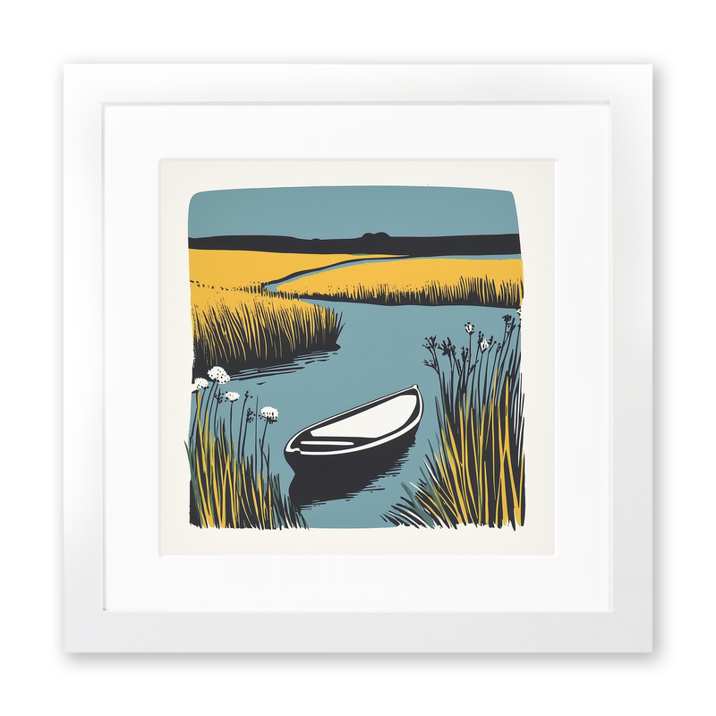 Norfolk Broads boat on still water Linoprint-Style Art (1909-1)
