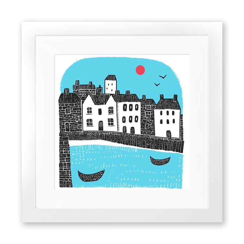 Mousehole Harbour, Cornwall Linoprint-Style Art (805-2)