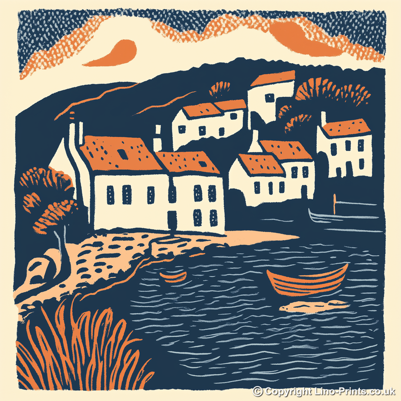 Coverack, Cornwall Linoprint-Style Art (130-2)