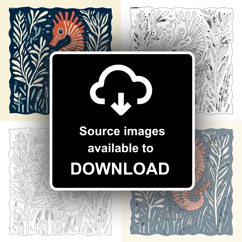 Seahorse in seaweed Linoprint-Style Art (109-1)