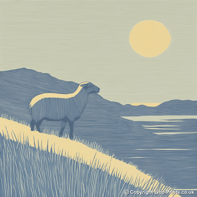 Herdwick sheep silhouette profile on a rise Linoprint-Style Art (2450-1)