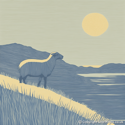 Herdwick sheep silhouette profile on a rise Linoprint-Style Art (2450-1)