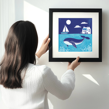 Whale Linoprint-Style Art (1072-1)