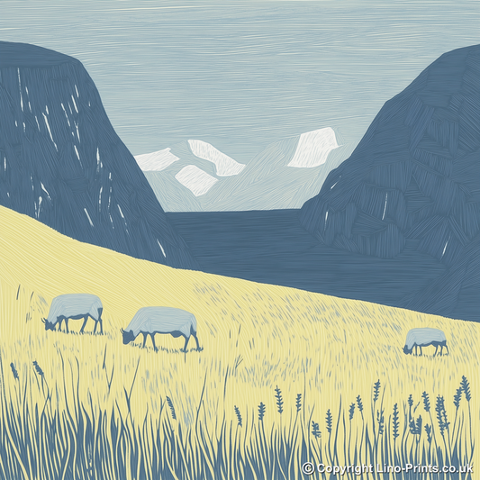 Sheep grazing below silhouetted crags Linoprint-Style Art (2541-3)
