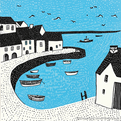 Mousehole Harbour, Cornwall Linoprint-Style Art (805-1)