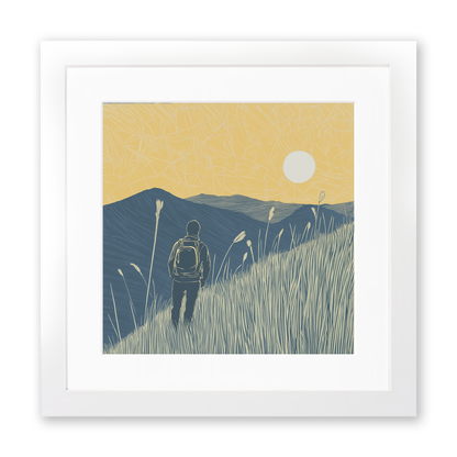 Hiker silhouette watching sunset over fells Linoprint-Style Art (2455-3)