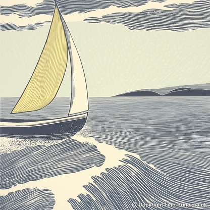 Sailing dinghy tilted by wind Linoprint-Style Art (2530-1)