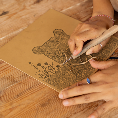 Cute Bear Cub Linoprint-Style Art (611-3)
