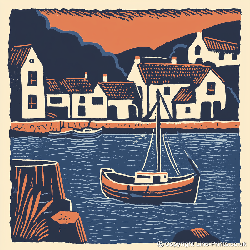 Looe Harbour, Cornwall Linoprint-Style Art (138-1)