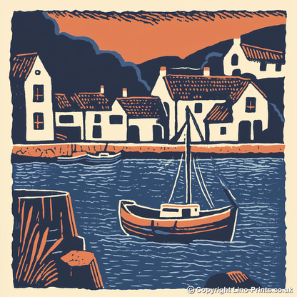 Looe Harbour, Cornwall Linoprint-Style Art (138-1)