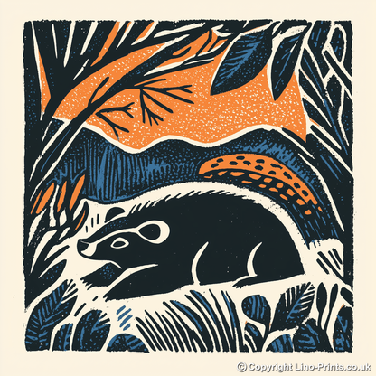 Cute Baby Badger Linoprint-Style Art (43-1)