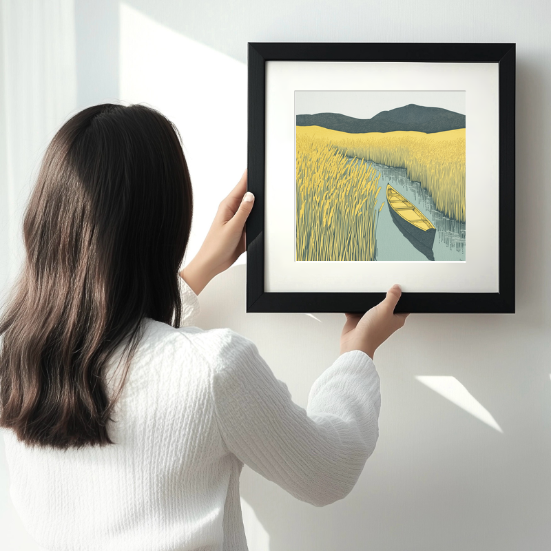 Canoe in reeds at Elterwater Linoprint-Style Art (2380-4)
