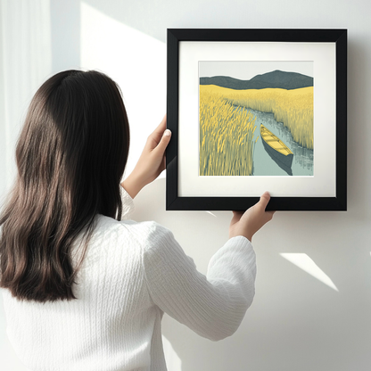 Canoe in reeds at Elterwater Linoprint-Style Art (2380-4)