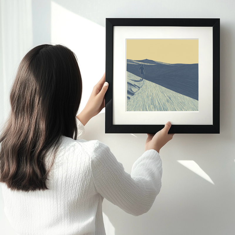 Fell runner silhouette descending slope Linoprint-Style Art (2426-1)