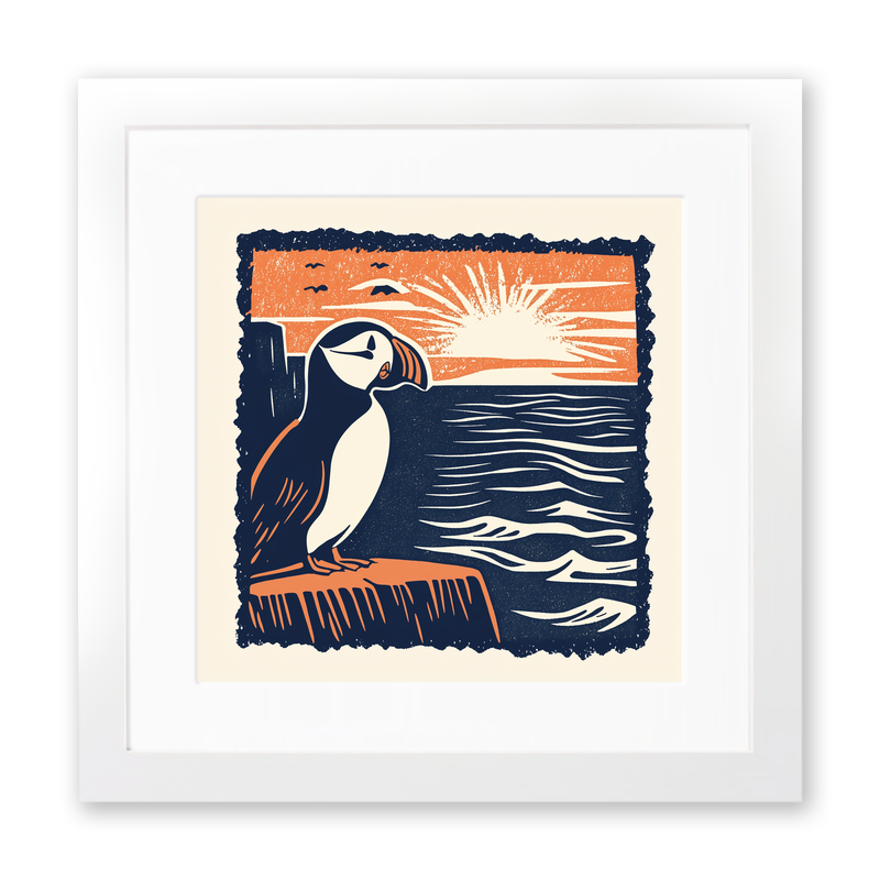 Puffin at the edge of the cliff Linoprint-Style Art (2017-1)
