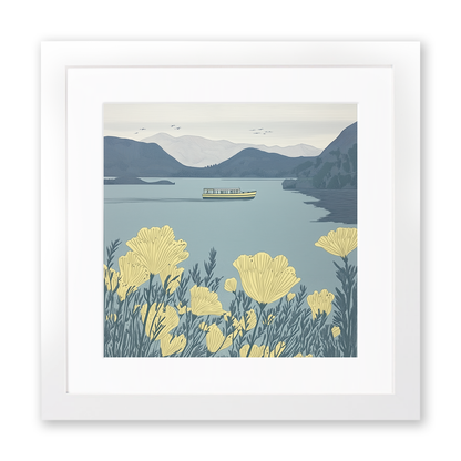 Keswick launch crossing Derwentwater Linoprint-Style Art (2470-1)