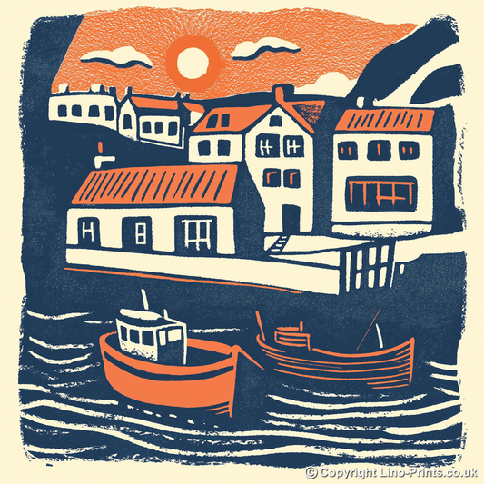 Seahouses Harbour, Northumberland Linoprint-Style Art (153-1)