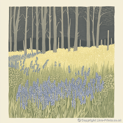 Bluebells in woodland Linoprint-Style Art (2366-2)