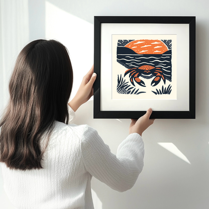 Crab on sand Linoprint-Style Art (88-1)