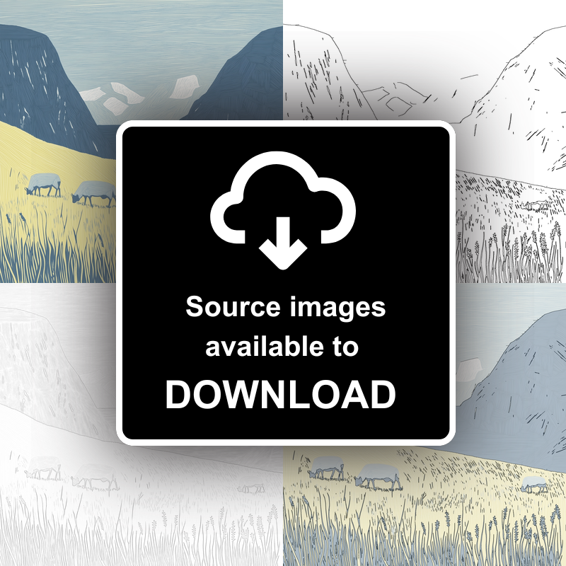 Sheep grazing below silhouetted crags Linoprint-Style Art (2541-3)