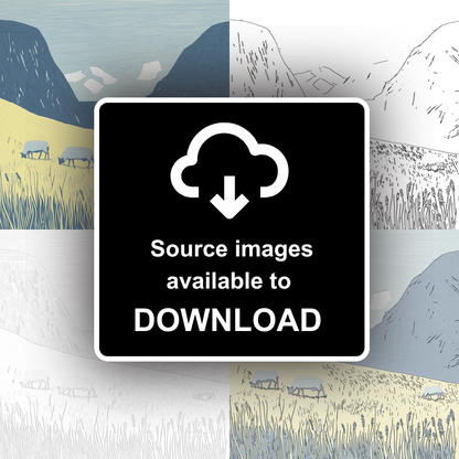 Sheep grazing below silhouetted crags Linoprint-Style Art (2541-3)