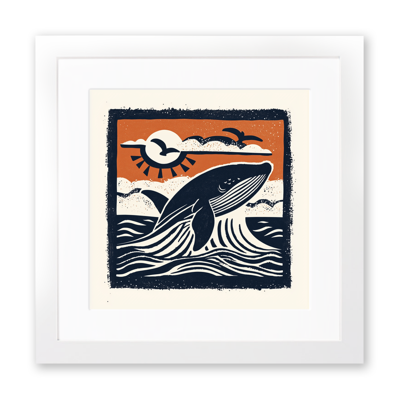 Whale breaching the surface Linoprint-Style Art (116-1)