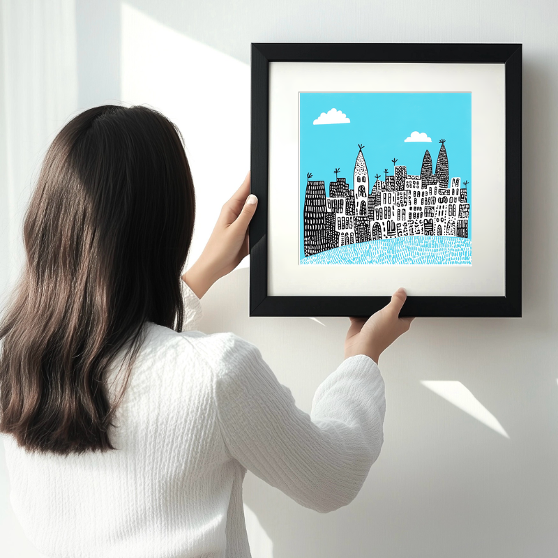 Barcelona skyline Linoprint-Style Art (547-1)