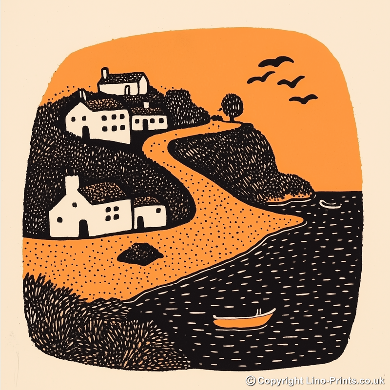 Coverack, Cornwall Linoprint-Style Art (292-2)