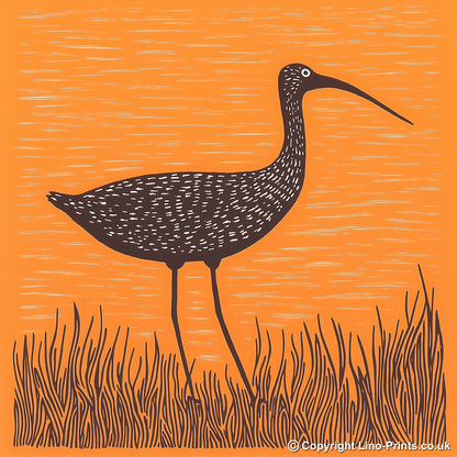 Curlew calling in the shallows Linoprint-Style Art (2078-1)