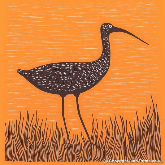 Curlew calling in the shallows Linoprint-Style Art (2078-1)