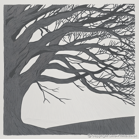 Bare winter tree branches silhouette Linoprint-Style Art (2359-1)