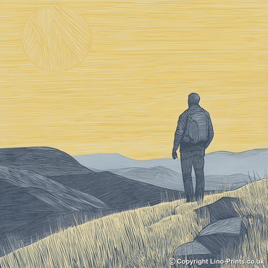 Hiker silhouette watching sunset over fells Linoprint-Style Art (2455-1)