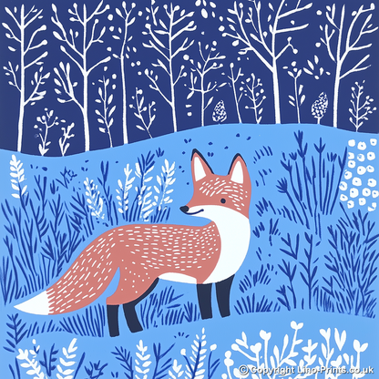 Fox in a woodland Linoprint-Style Art (1005-1)