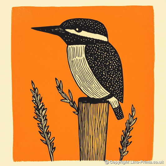 Kingfisher on a reed Linoprint-Style Art (259-1)