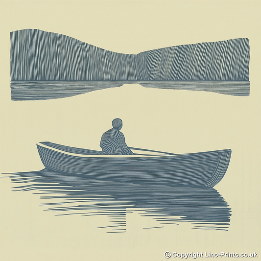 Person rowing boat with reflections Linoprint-Style Art (2498-5)