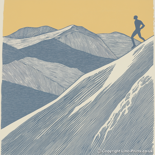 Fell runner silhouette descending slope Linoprint-Style Art (2426-2)