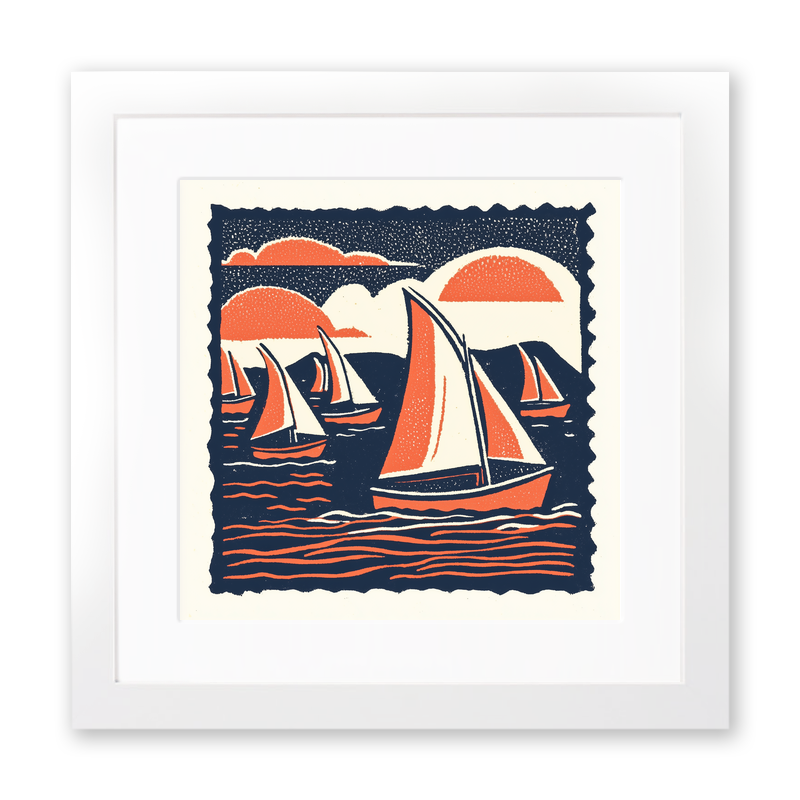 Flotilla of sails on Hickling Broad Linoprint-Style Art (1988-1)