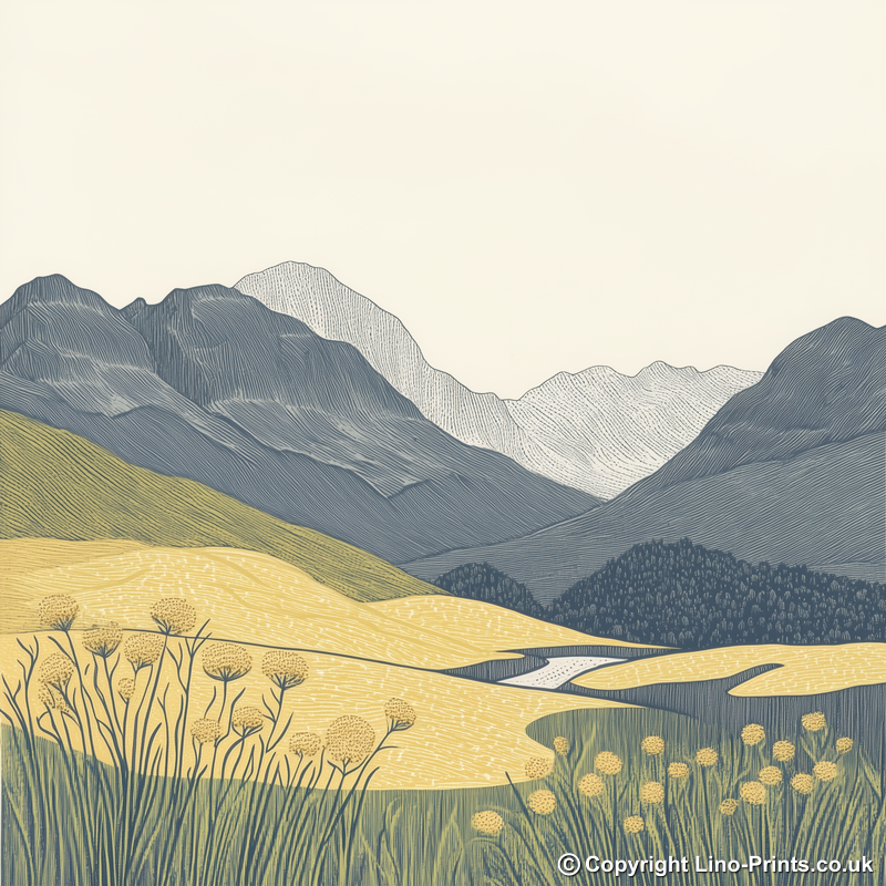 Langdale Pikes in the Lake District Linoprint-Style Art (2472-2)