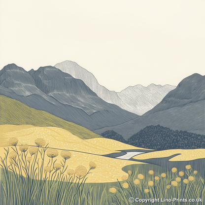 Langdale Pikes in the Lake District Linoprint-Style Art (2472-2)