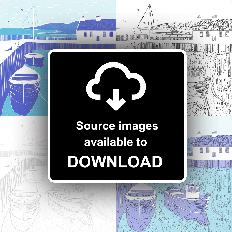 Seahouses Harbour, Northumberland Linoprint-Style Art (1107-2)