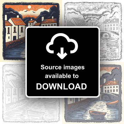 Cambridge punts and bridges Linoprint-Style Art (6-1)
