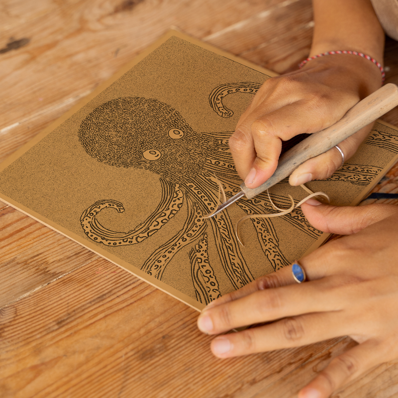 Octopus with swirling tentacles Linoprint-Style Art (726-1)
