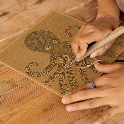 Octopus with swirling tentacles Linoprint-Style Art (726-1)