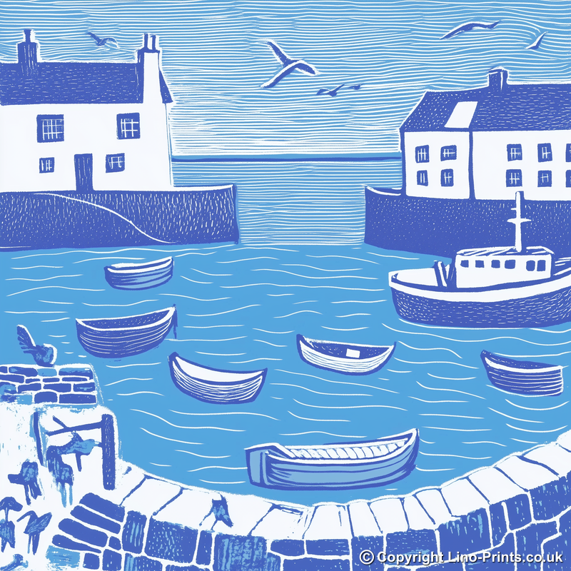 Mousehole Harbour Linoprint-Style Art (891-1)