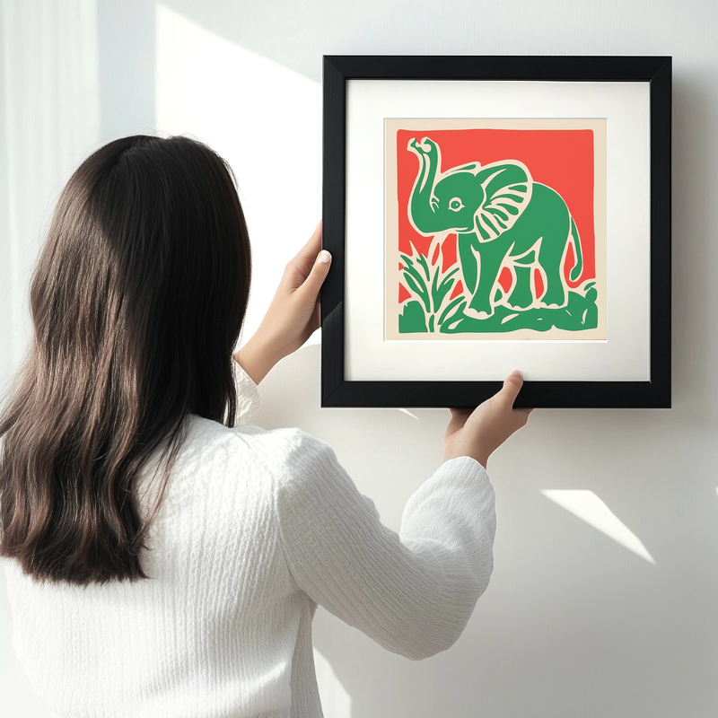 Cute Elephant Calf Linoprint-Style Art (378-1)
