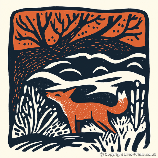 Fox in a woodland Linoprint-Style Art (91-1)